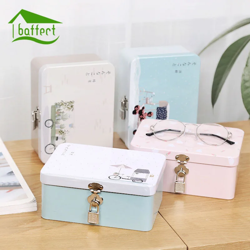 

Colorful Creative Tinplate Box With Lock Storage Box Desktop Storage Organizer Small Box Cosmetics Box Gift for Children