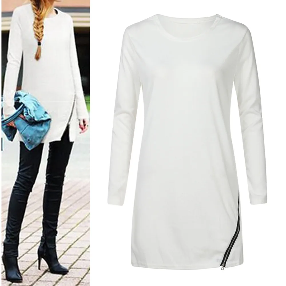 Зимняя женская одежда с длинным рукавом О-образным вырезом Женский боковой пуловер Сплит полиэстер молния длинная однотонная женская блузка Топы - Цвет: White