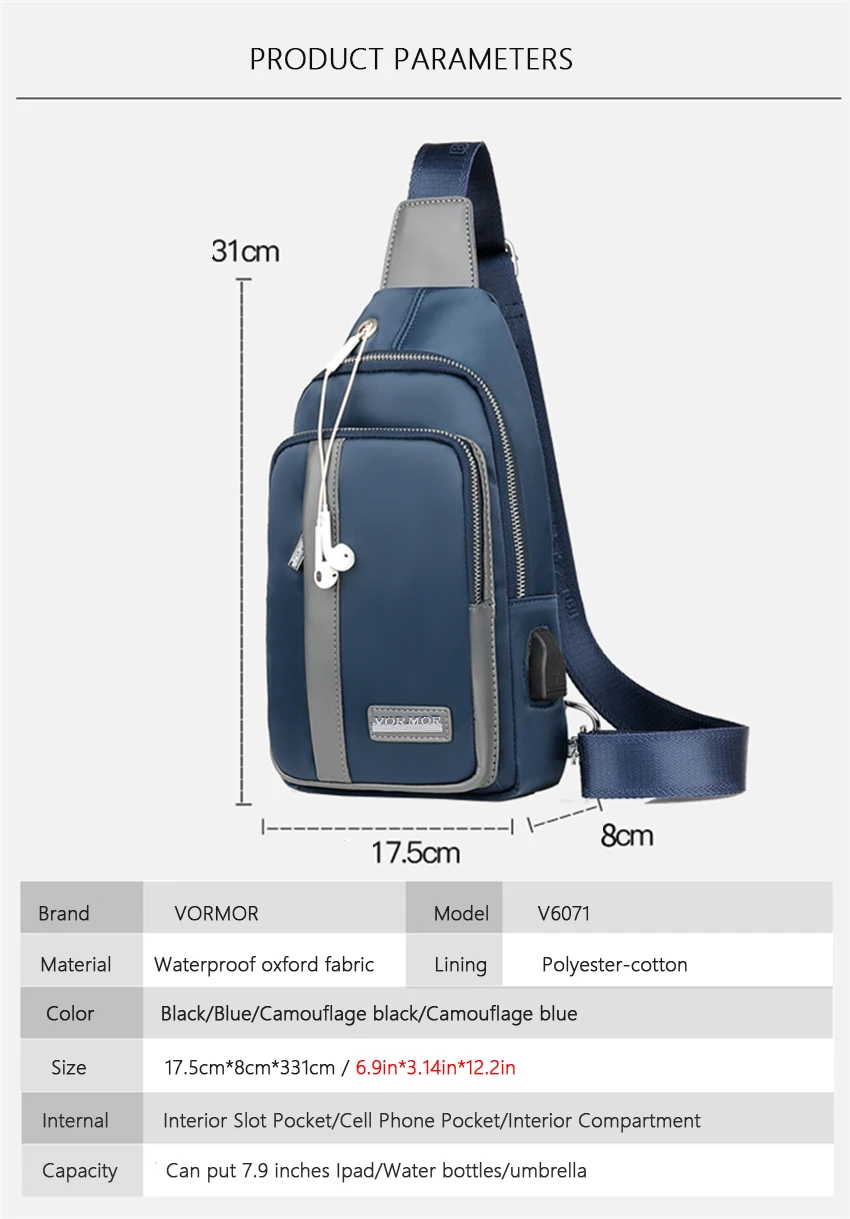 VORMOR многофункциональные модные сумки через плечо для мужчин, зарядка через usb, нагрудный пакет, короткая походная Сумка-мессенджеры, водоотталкивающая сумка на плечо