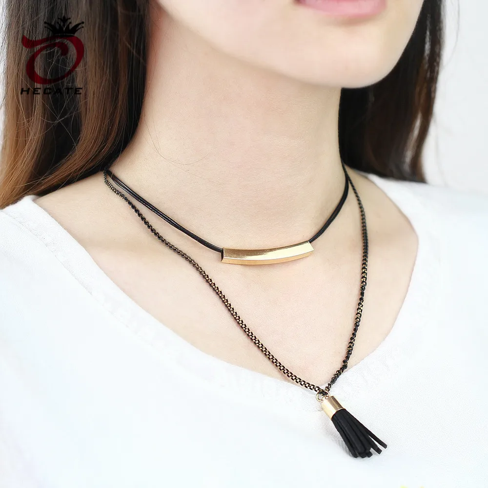 Steampunk 2 Слоя Черный Лента Chocker Ожерелье Женщины Ювелирные Изделия Нагрудник Колье