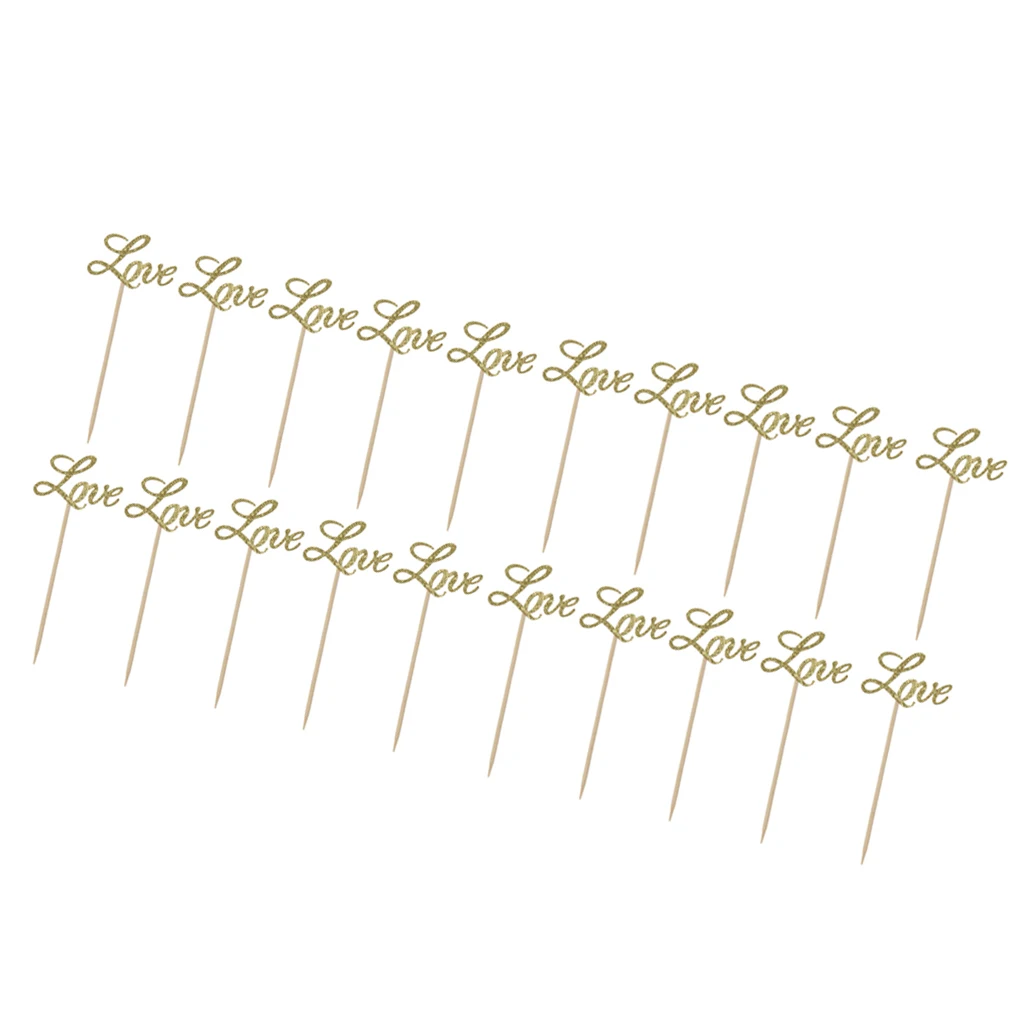 20/set Glitter Paper Golden LOVE Cake Toppers Cupcake Dessert Picks Wedding Engagement Decor