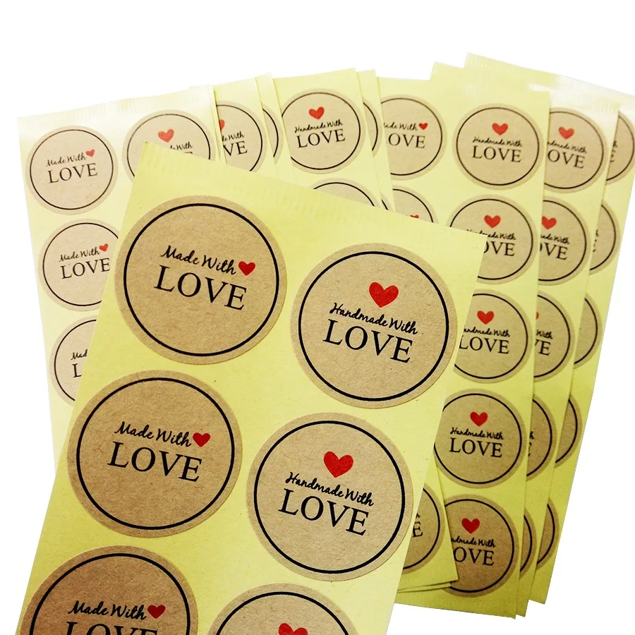 

100pcs/pack 'Hand Made With Love' Red Heart Kraft Paper Seal Sticker Envelopes Stickers Gift Packaging Decoration Label Sticker