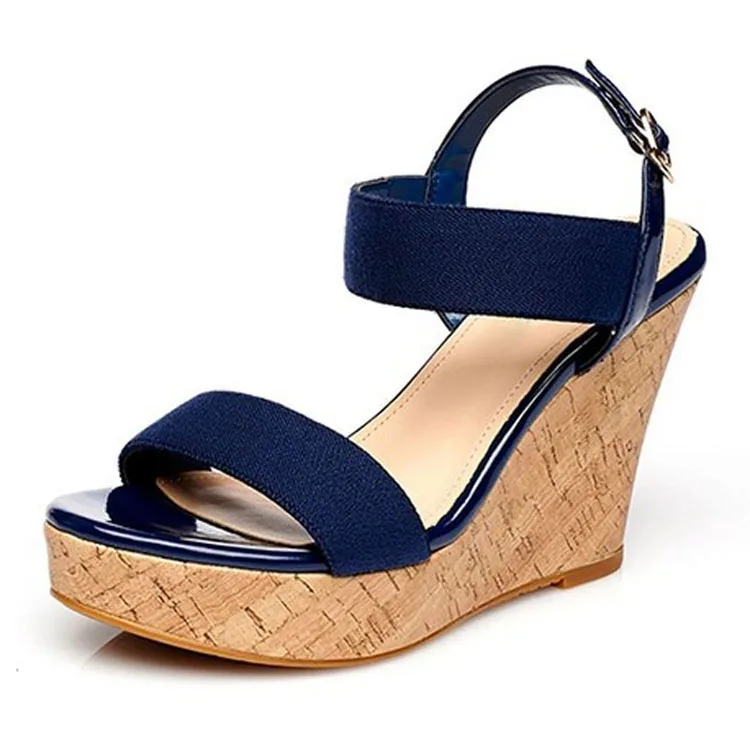 Plus Size 30-43 Summer Women Pu Leather Sandals Ladies NAVY BEIGE Buckle Strap Fashion Thick Wedges Casual Platforms Shoes Woman