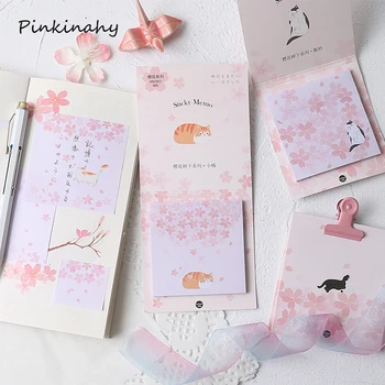 

Japanese Sakura Cherry Cat Self-adhesive Stickers Planner Kawaii Sticky Notes Stationery Memo Pad Cute Papeleria Notepad BQ019