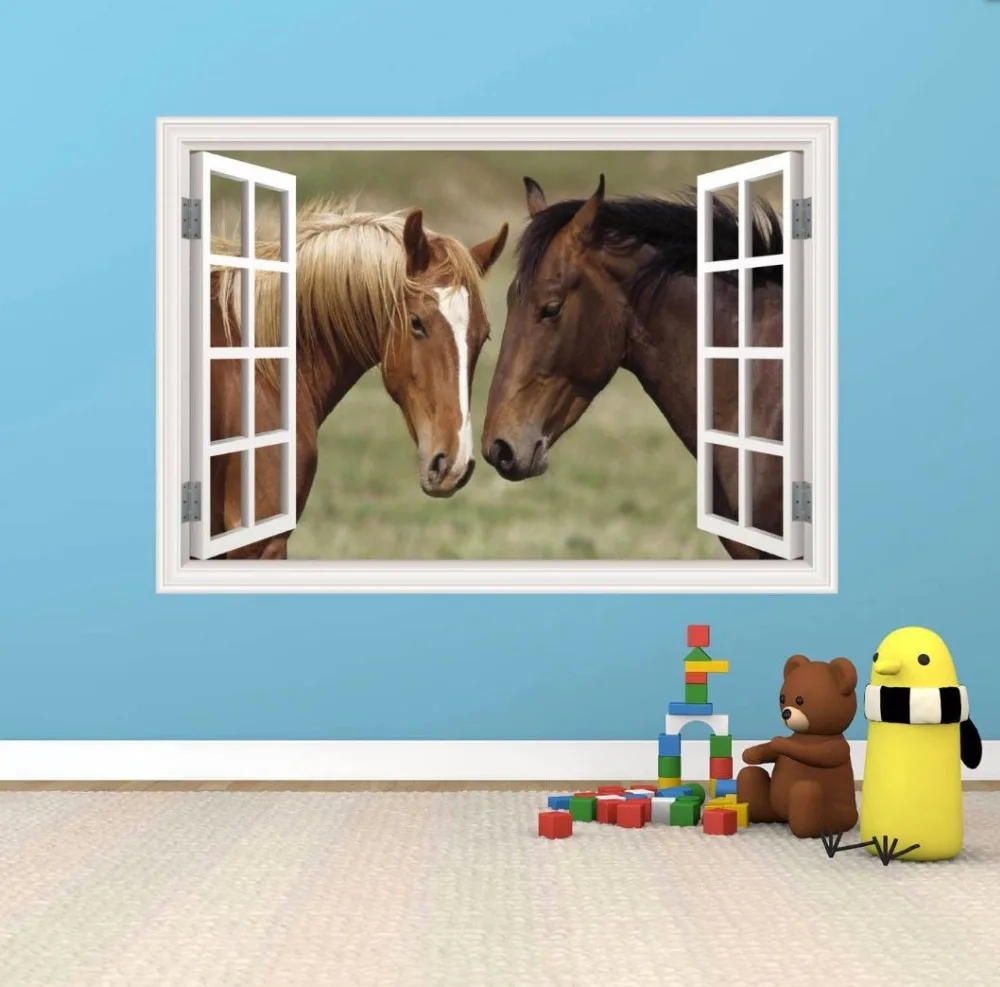 3D эффект окна стены стикеры две лошади Виниловая Наклейка Декор Настенная Наклейка домашний Декор подарок