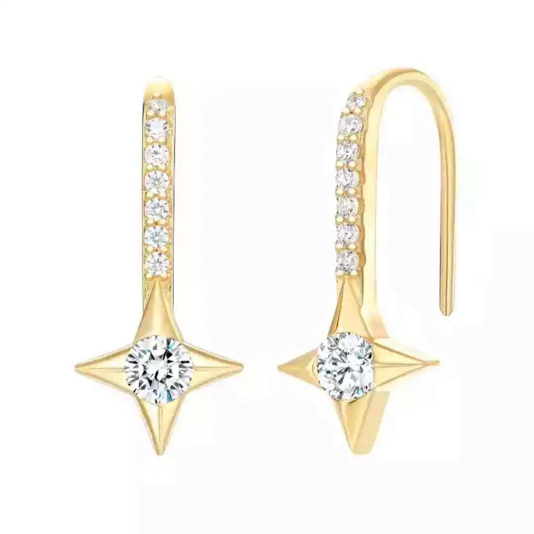 

SLJELY Real 925 Sterling Silver Gold Color Rhombus Earrings Micro Cubic Zirconia Stones for Women Girls Luxury Brand Jewelry