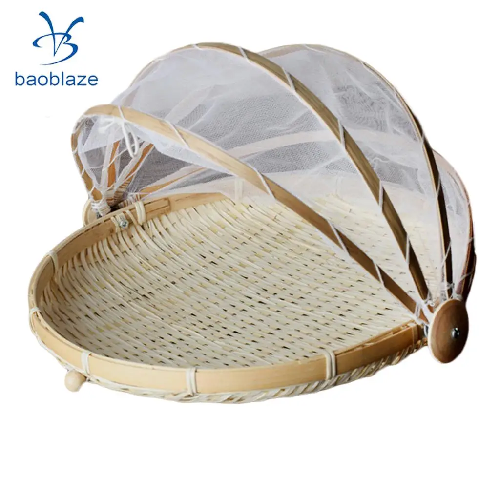 2xBamboo Tent Basket Serving Food Outdoor Picnic Pop Up Mesh Net Cover Round