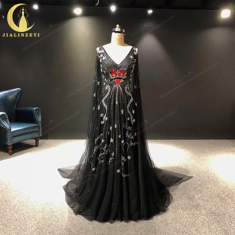 

JIALINZEYI Real Picture Newest Sexy Long Sleeves V Neck Black Tulle with Beads Fashion Formal Dress Evening Dresses 2019