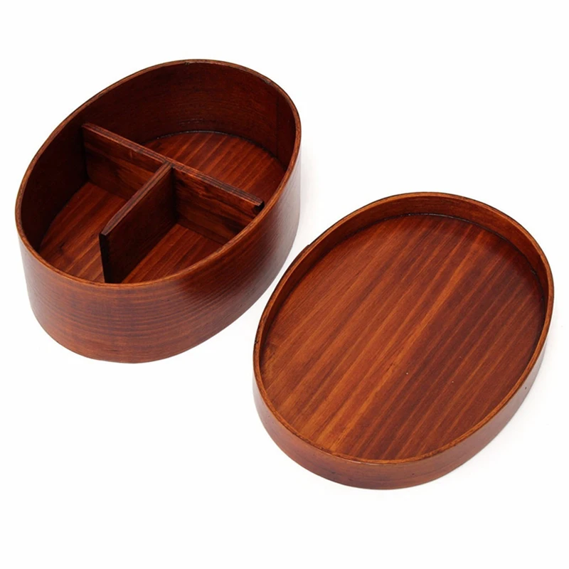 Japanese Bento Sushi Box Eco-friendly Wooden Bento Lunch Boxes Food Container with 3 Compartments Small Portable Oval Lunchbox for Kids Picnic Tableware (9)