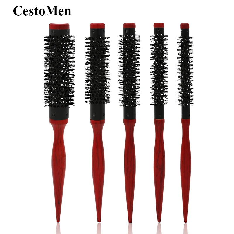 

CestoMen Anti Heat Nylon Cone Wooden Handle Hair Comb Mini Rolling Curly Hairdressing Brushes Set Small Round Tube Styling Brush