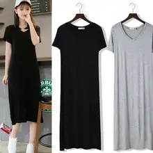 Yfashion Women Summer Simple Casual Solid Color V-neck Short Sleeve Long Dress