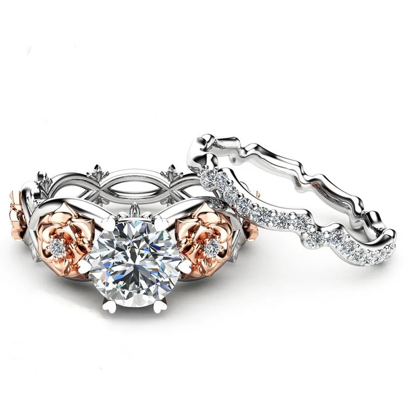 2 шт. Австрийские кристаллы ювелирные изделия серебро золото кубический циркон роза цветы обручальные кольца для женщин Bijoux Femme обручальное кольцо ювелирные изделия