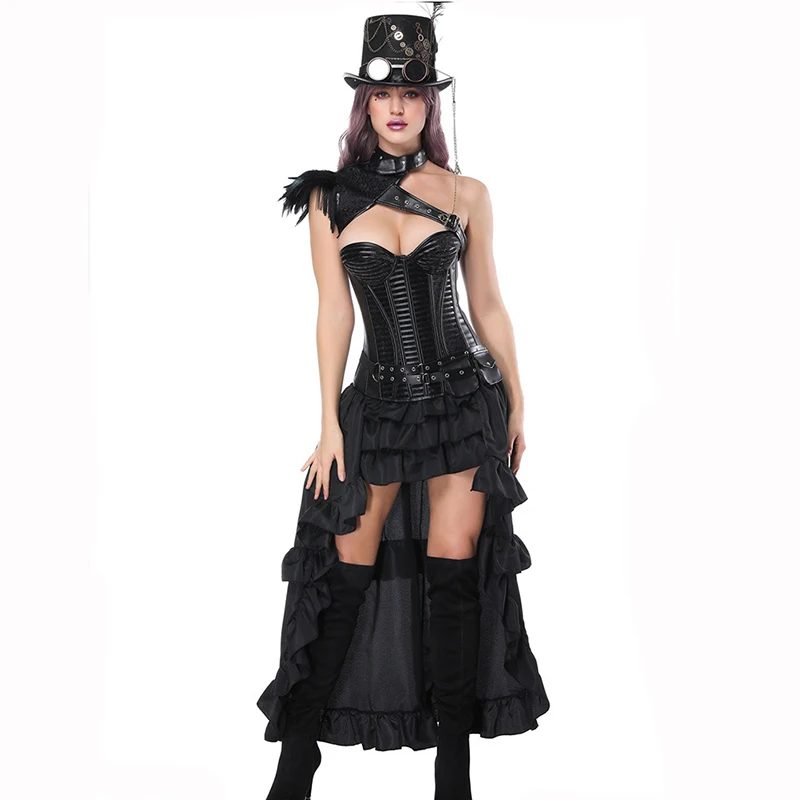 

Corzzet Sexy Burlesque Steampunk Black Leather Corset Dress Overbust Corsets and Bustiers With Layed Skirt