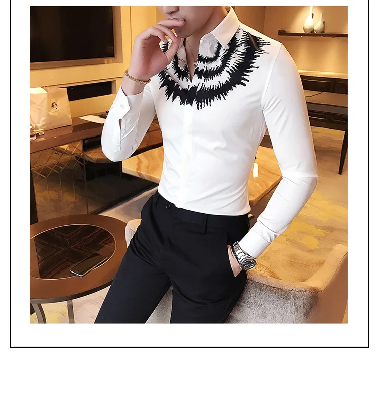 2018 Мужская рубашка с цифровым принтом Повседневная рубашка мужская с длинным рукавом корейское платье Slim Fit смокинг рубашки мужская мода