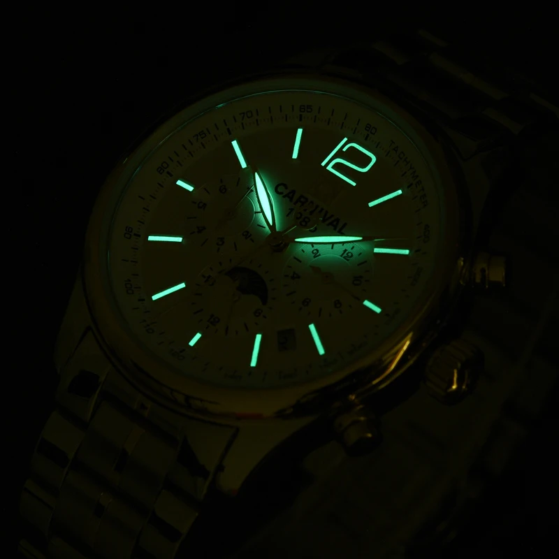 

Carnival Watch Men Moon Phase Automatic Mechanical Luminous Stainless Steel Waterproof multifunction White Watches
