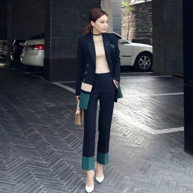 2017 Autumn 2 Piece Set Women England Style Contrast Color Two Piece Set Clothing Office Lapel Coat And Trousers Women's Sets