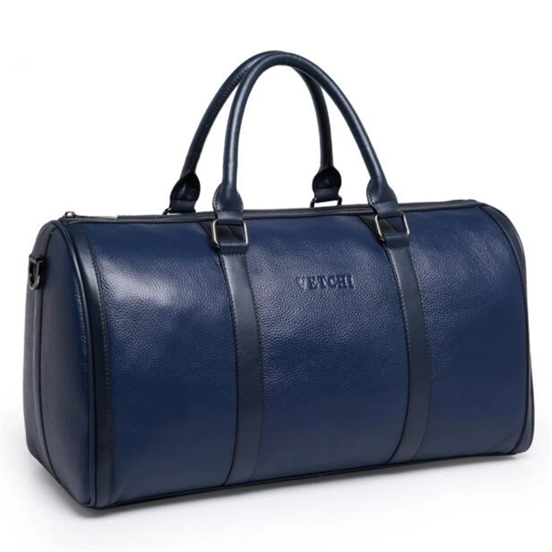Men Genuine Leather Travel Bags 2017 Men's Leather Luggage Duffle Blue