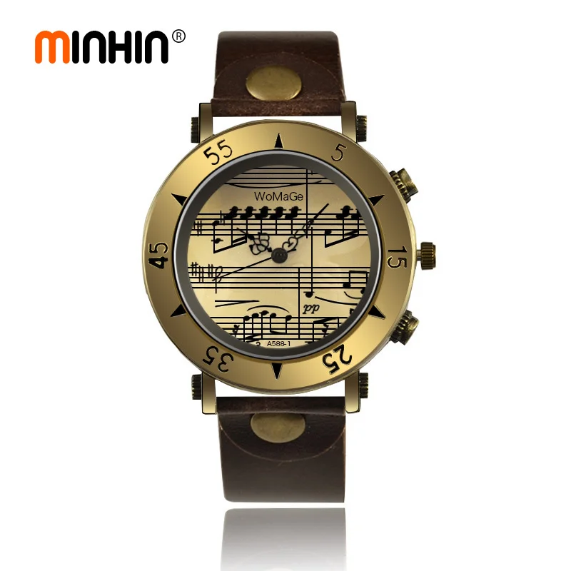 

MINHIN New Design Leather Wristwatches Women Men Vintage Bronze Dial Music Note Quartz Analog Casual Watches Gift