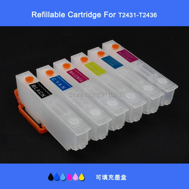 

INK WAY T2431-T2436 Refillable ink cartridge for XP950 XP750 XP850 with auto reset chip,1 Set, 6 PCS