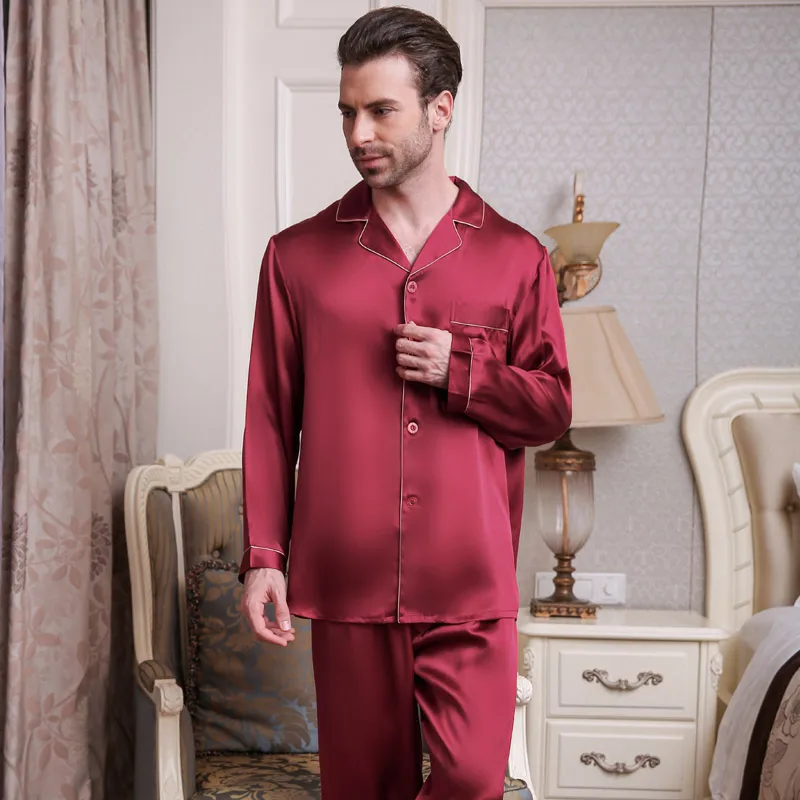 New Silk Men Pajamas High Quality 100% Natural Silk Pajama Pants Sets  Long-Sleeved 2-Piece Sleepwear Male Pyjama T9002