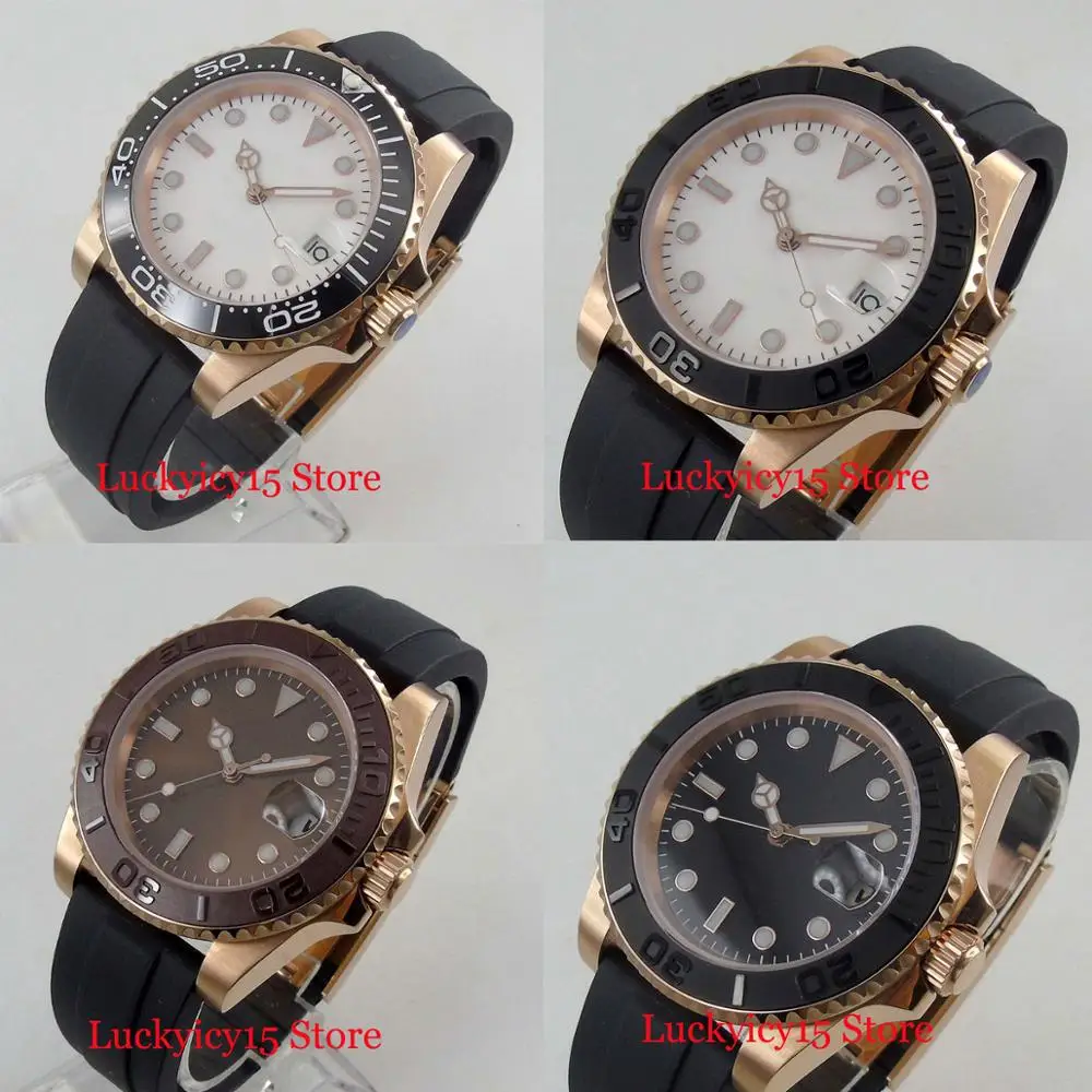 

BLIGER 40mm Sterile Dial Automatic Men's Watch With Gold Watch Case Ceremic Bezel Rubber Strap