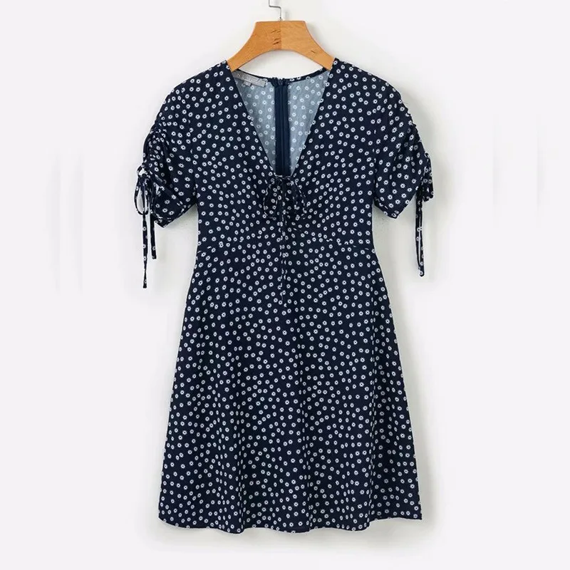 yinlinhe Floral Summer Dress Short Sleeve Slim Waist V neck Sexy Lace Up Beach Dress Women Office Elegant Vestidos 8