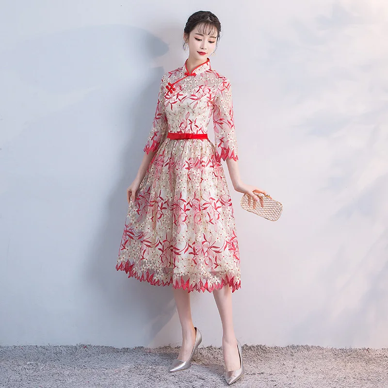 

New Summer Short Cheongsam Dress Traditional Chinese style Womens Elegant Slim Qipao Party dresses Long short Vestido Size S-XXL