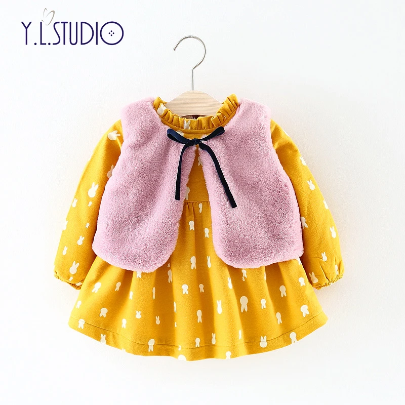 

Fashion Dress Set For Toddler Girls Winter Autumn Cotton Fleece Long Sleeve Dress Faux Fur Vest For Baby Girls Warm Dress Suit