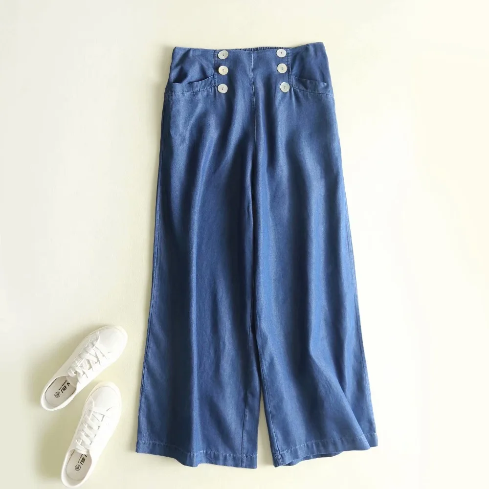 Tecel/джинсовые широкие брюки с высокой талией; синие джинсы на пуговицах; свободные брюки палаццо с эластичной резинкой на талии; повседневные Летние широкие брюки; сезон осень