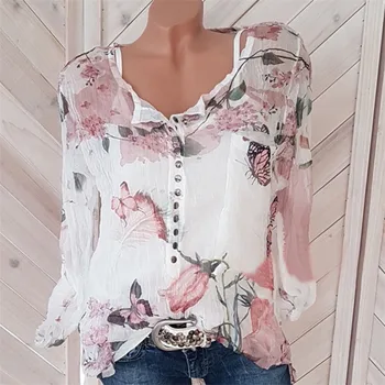 

5XL Plus Size Women Blouses Fashion Long Sleeve Floral Print Women Autumn Tops Shirt Chiffon Blouse Casual Tops Blusas Femininas