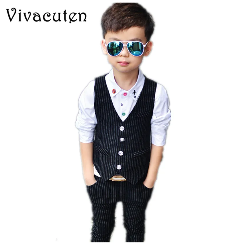 Gentle Boys Vest Pants 2PCS Set Kids Formal Striped Suit Flower Boy