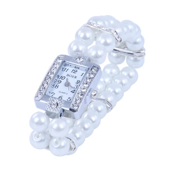 

Practical Metal Pearl Crystal Bracelet Bangle Stretch Square Dial Wristwatch Wrist Watch
