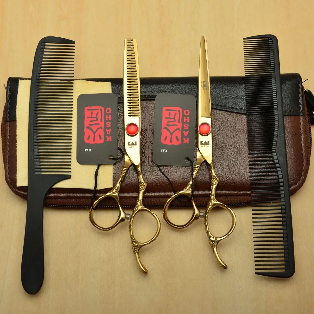 

4Pcs Suit 6'' Golden Japan Professional Human Hair Scissors Hairdressing Cutting Combs + Shears + Thinning Scissors H9002