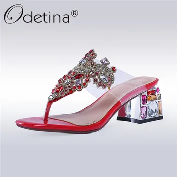 

Odetina New Fashion Women Chunky Heel Rhinestones Crystal Sandals Luxury Flip Flop Thong Shoes High Heel Slingbacks Plus Size 43