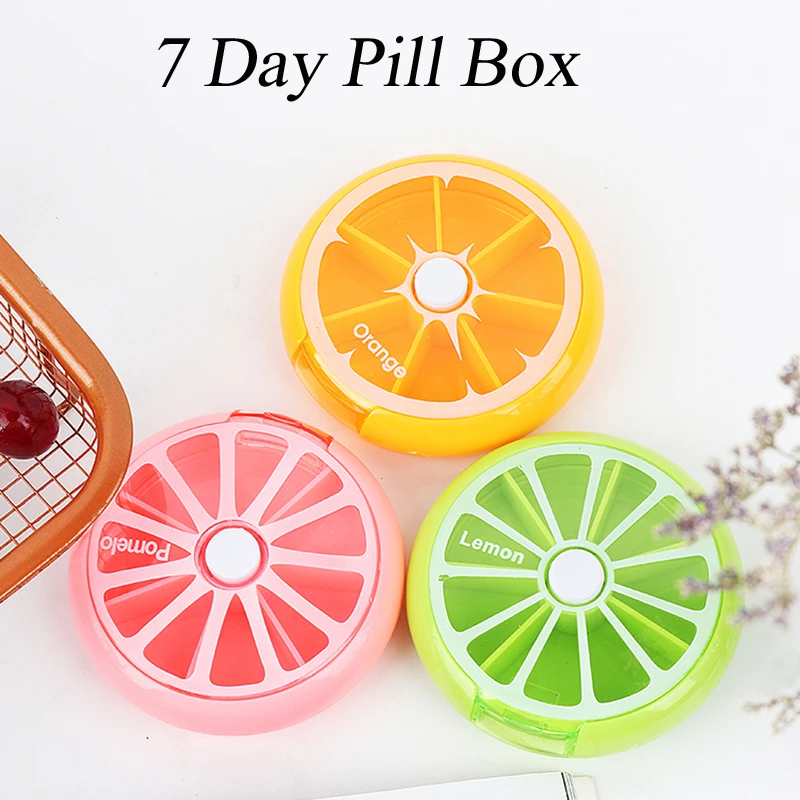 

Round Health Care Medicine Pill Box Fruit Shaped Sort Vitamin 7 Day Weekly Holder Tablet Storage Case Container Cases Travel QTY