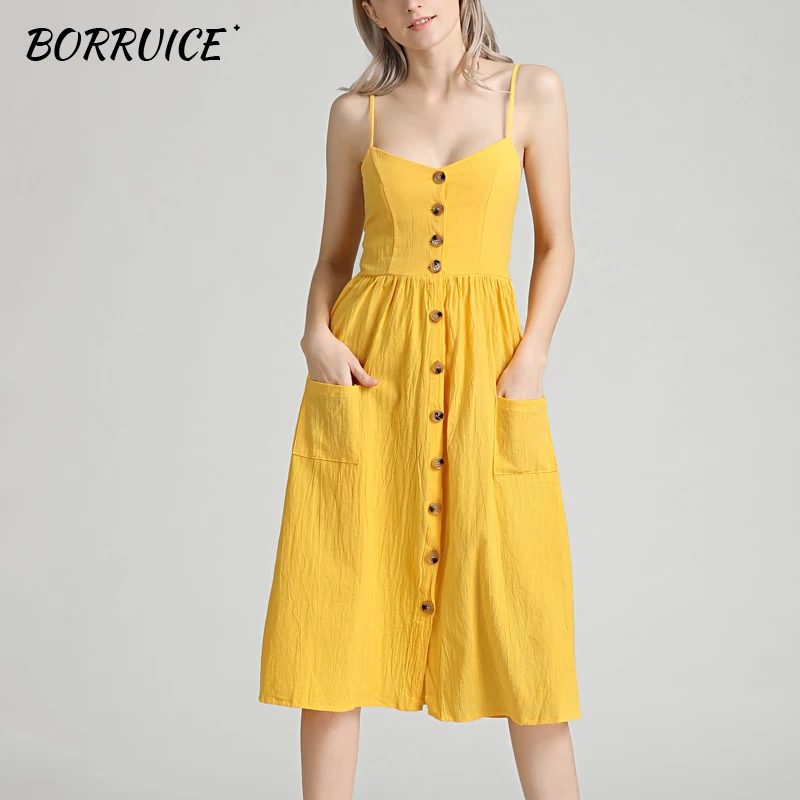 

Fashion Sexy Spaghetti Strap Button Boho Women Dress Pocket Print Yellow Midi Dresses Summer Casual Beach Plus Size Dress
