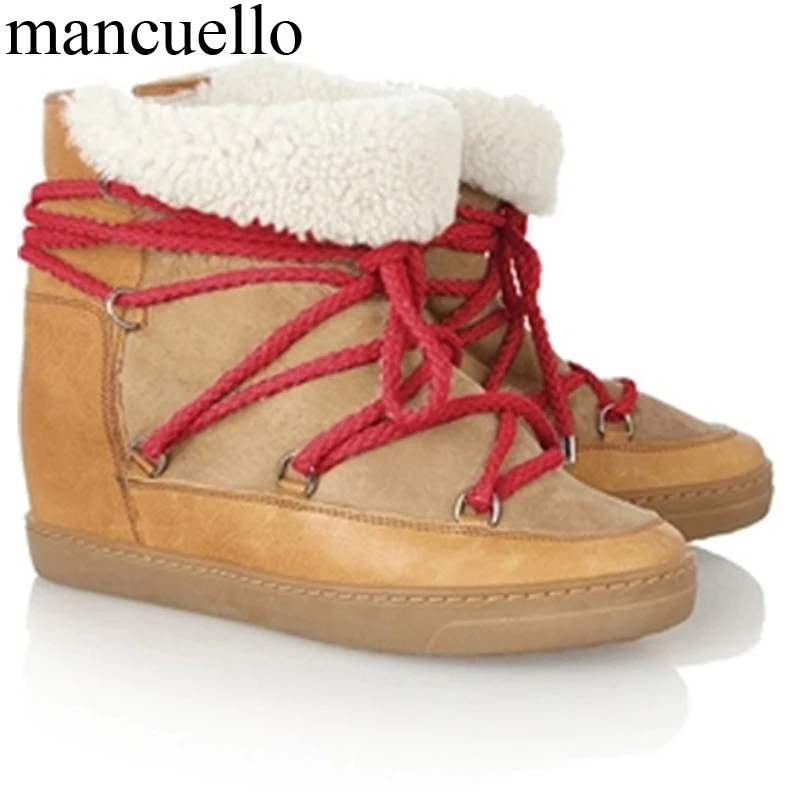 mancuello brand Snow Boots Winter Lamb Wool Fur Inside Lace Up Ankle Boots Women Real Leather Patched Short Cashmere Fur Booties