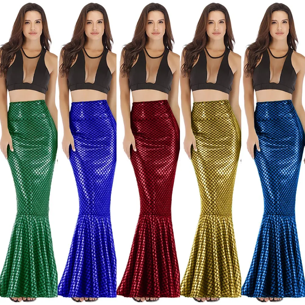 

2019 Women Sexy Long Skirt Skirts Shiny Mermaid Summer Skirt Sundress Shiny Fish Scale Party Maxi Wrap Skirt faldas jupe femme