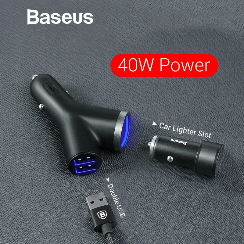 Baseus 3 in 1 Car Charger for iPhone Mobile Phone Charger Dual USB + Cigarette Lighter for 3 Devices 3.4A Fast Car Phone Charger