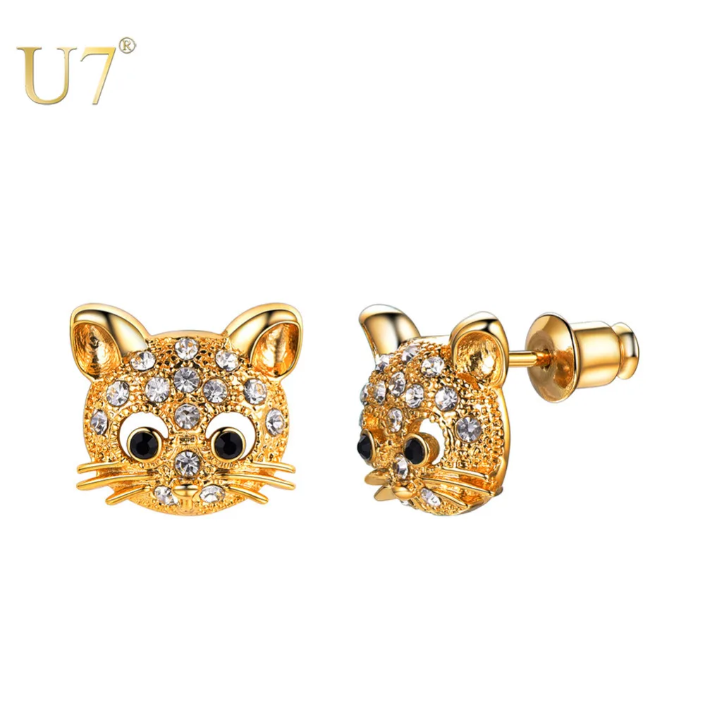 U7 модные милые животные милый кот стразы серьги-гвоздики для девочек и женщин подарок на день рождения котенок brinco ювелирные изделия 4 цвета E1013