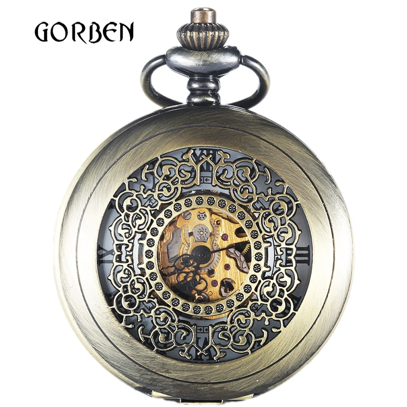 Retro Hollow Steampunk Mechanical Pocket Watches 2 Sides Case Skeleton Vintage Pocket fob Watch Chain for men Relogio De Bolso Retro Hollow Steampunk Mechanical Pocket Watches 2 Sides Case Skeleton Vintage Pocket fob Watch Chain for men Relogio De Bolso