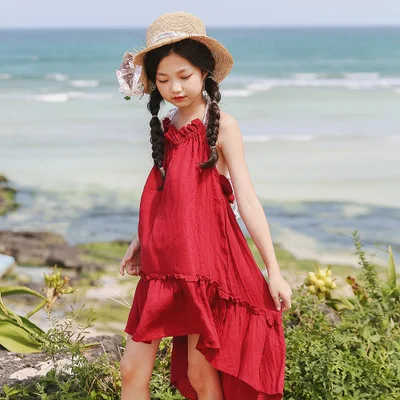 

Summer Dresses for Little Girl Solid Red Yellow Beach Dress Girls Dresses Irregular Vestido de Ninas vestido largo sin mangas