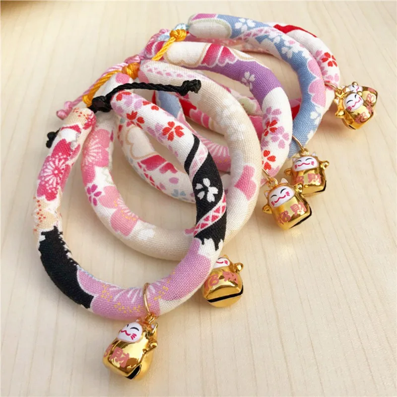 

Handmade Adjustable Dog Cat Collar Japanese Style Printed Necklace with Bell for Small Pets Puppy Kitten Cat Accessories