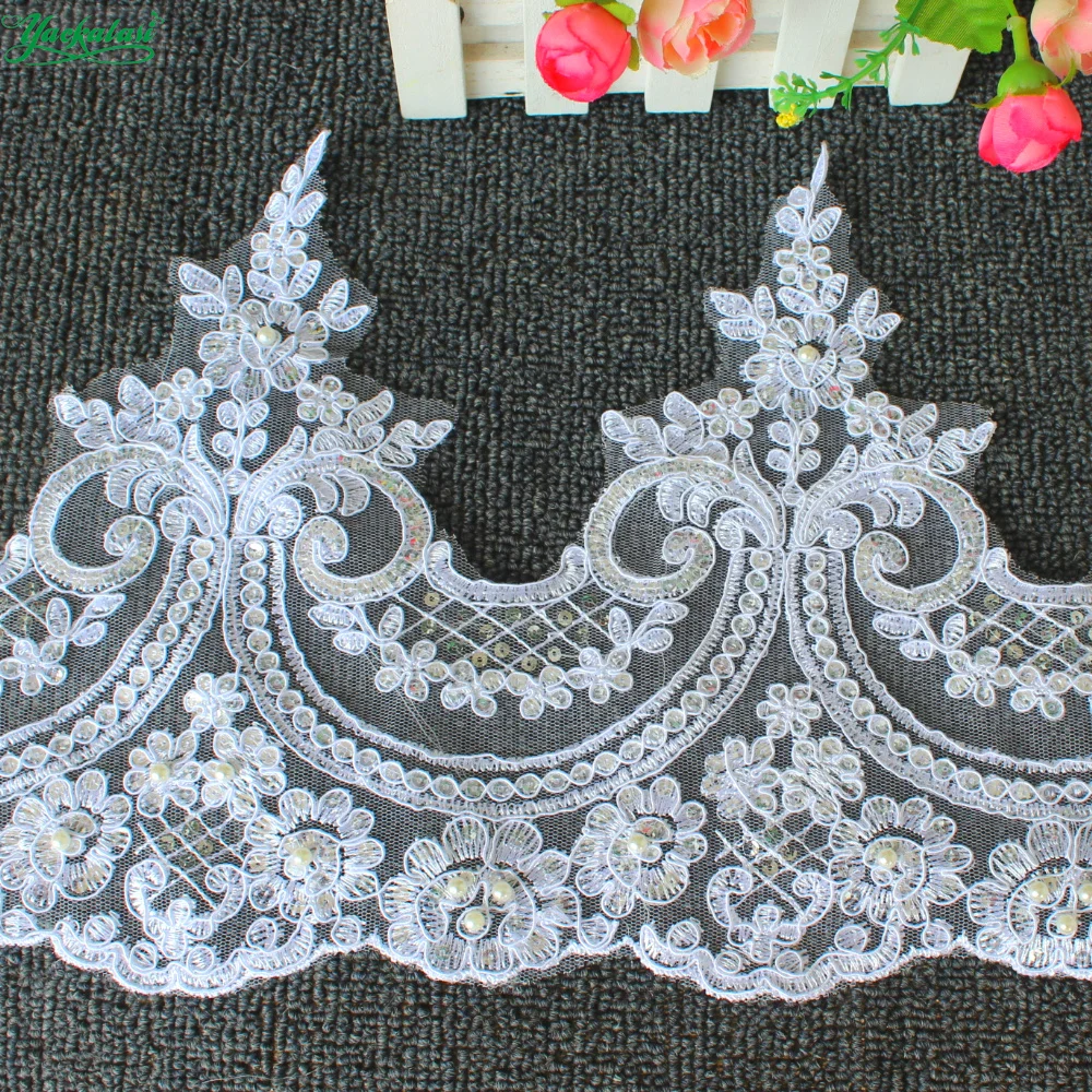 

YACKALASI White Wedding Lace Sequined 3Yds Bridal Appliqued Scalloped Beaded 3D Flower Embroidered Sewing Trims For Dress 26cm