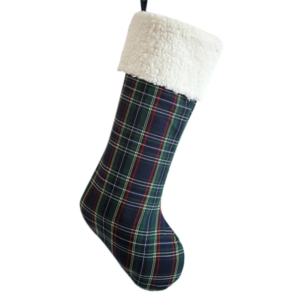 

Free shipping Plaid body with sherpa cuff Christmas Stocking blue P2198-1