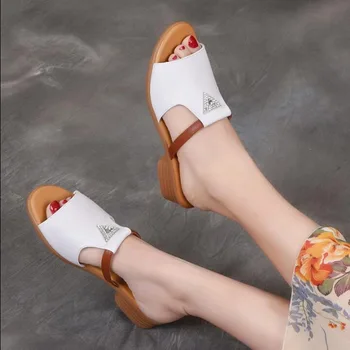 

2019 summer Genuine Leather Sandals For Women Slippers Elegant Flat Low Heel Fashion shoes Outdoor Slides Wedges Flip Flops