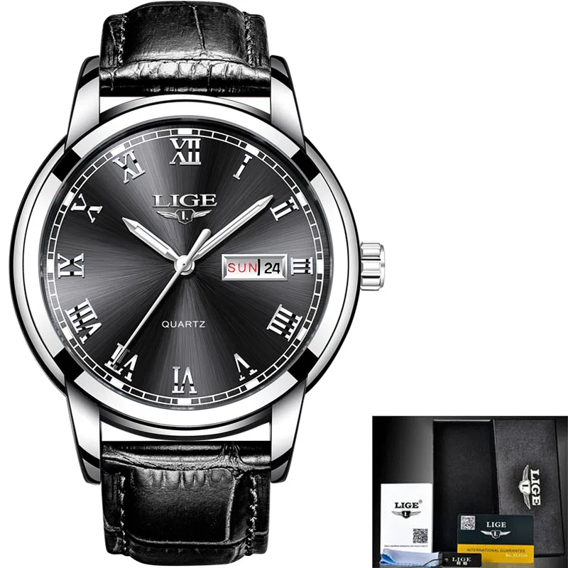 LIGE Neue Uhr mйnner Mode Sport Quartz Uhr Herren Uhren Marke Luxus Leder бизнес часы Uhr Relogio Masculino+ коробка - Цвет: Silver black