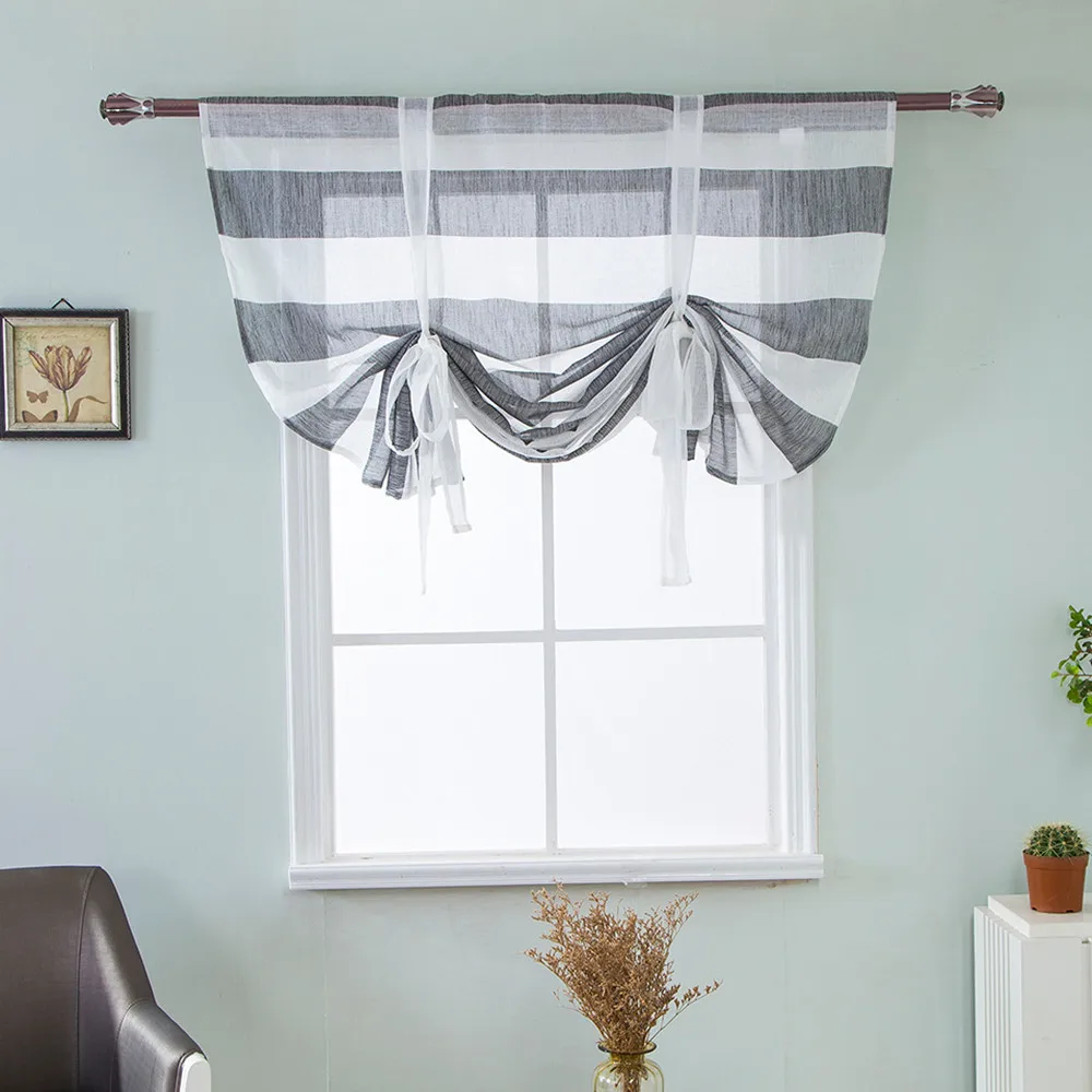 

Roman curtain curtain blue strip gray ash curtain Short Sheer Tie Up Window Shade Sheer Voile