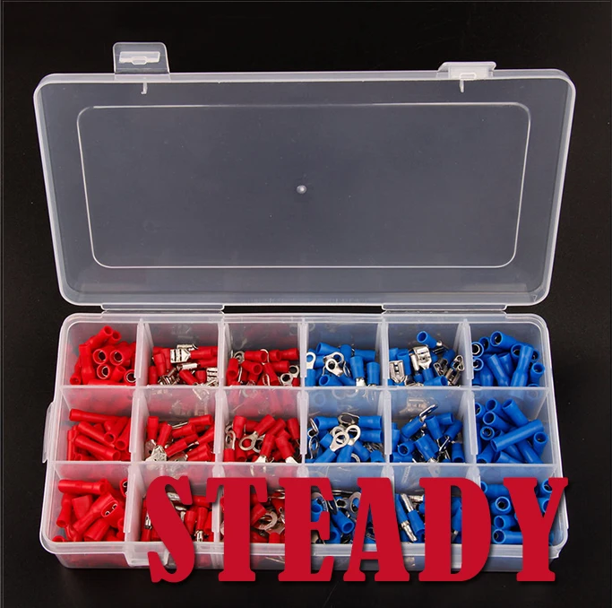 

360pcs Electrical Crimp Terminals Insulated Butt Connectors Spade Ring Fork Copper Terminators Set With Storage Box Red Blue