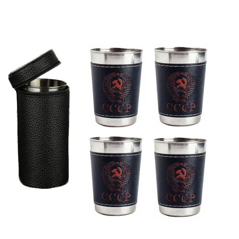 

4pcs 170ml Outdoor Travel Cups Set Camping Tableware Stainless Steel Cup with PU Leather Portable Coffee Wine Beer Whisky Cup